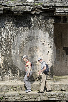 Tourists at Palenque mayan city ruins in Mexico